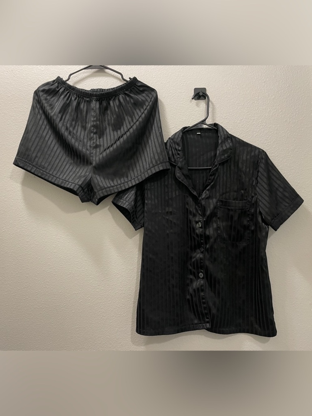Women's Black Satin Pajama Set - Shadow Stripe Button-Down Shirt & Shorts